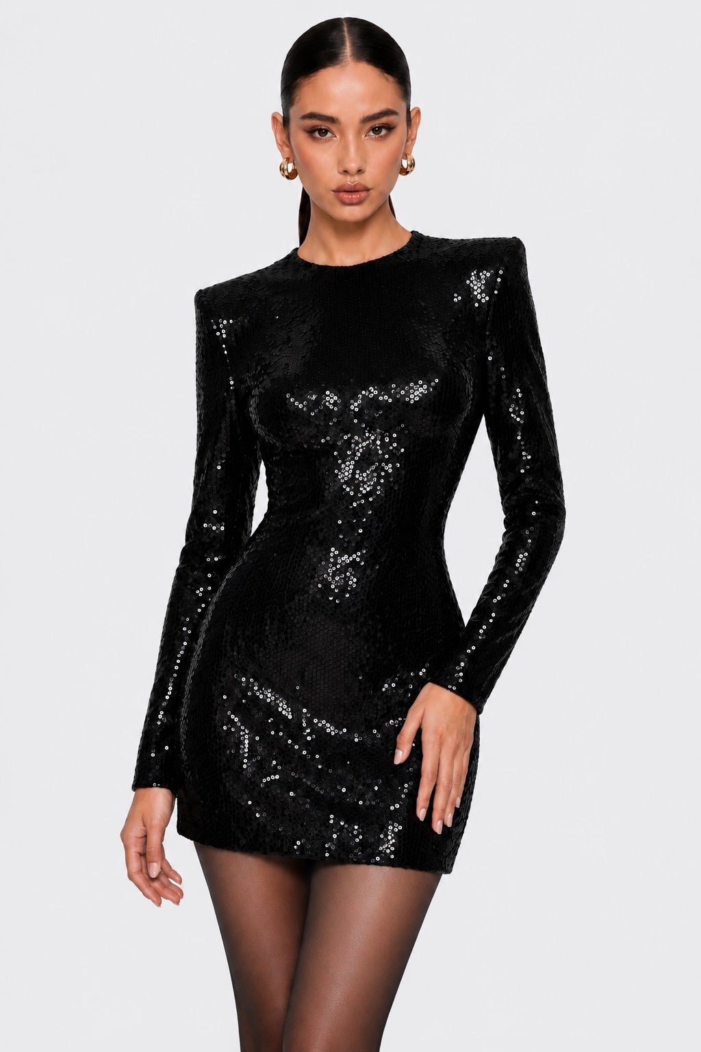 Black Sequin Long Sleeve Mini Dress