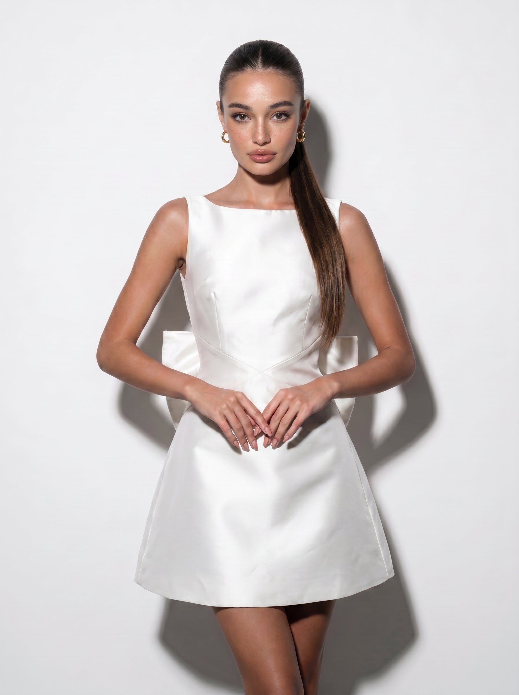 forever new bow back mini dress in ivory Forever New Petite long sleeve bow back mini dress in ivory