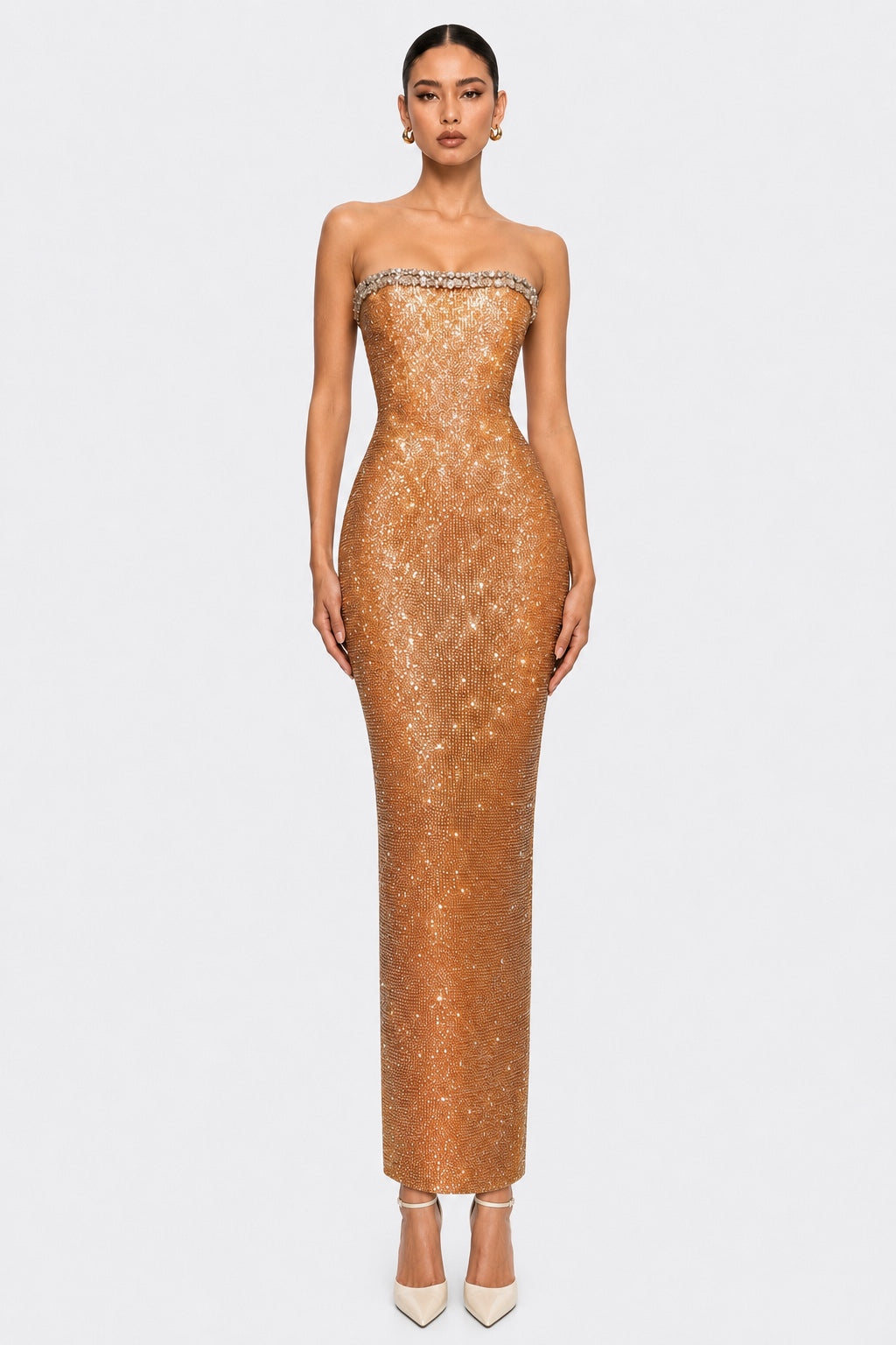 Gold Crystal Strapless Maxi Dress