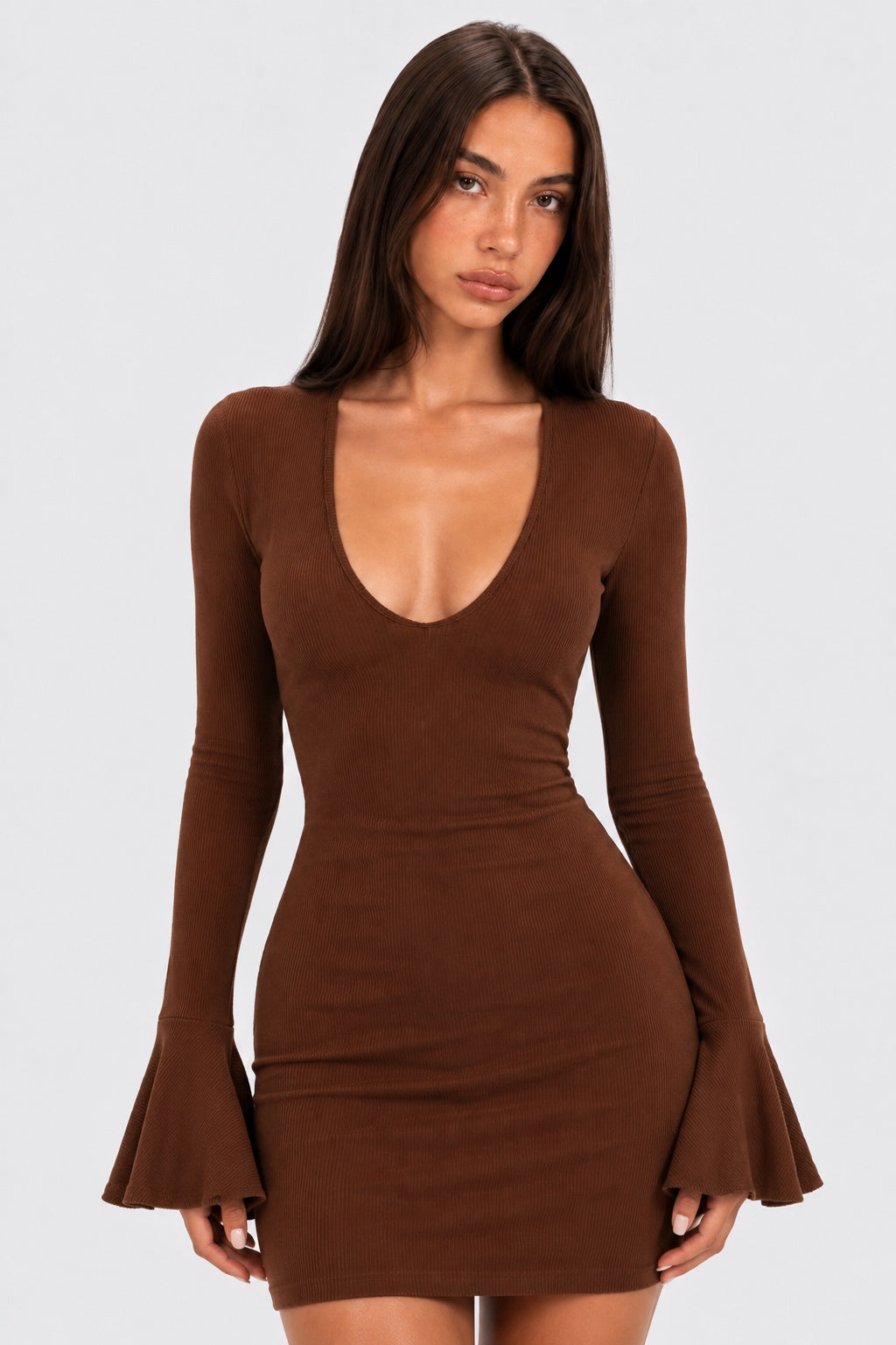 Brown Bell Sleeve Mini Dress