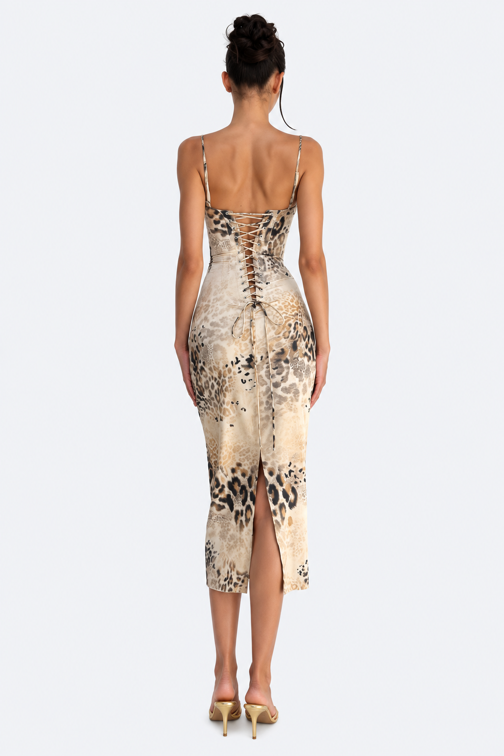 Animal-print corset midi dress — back view