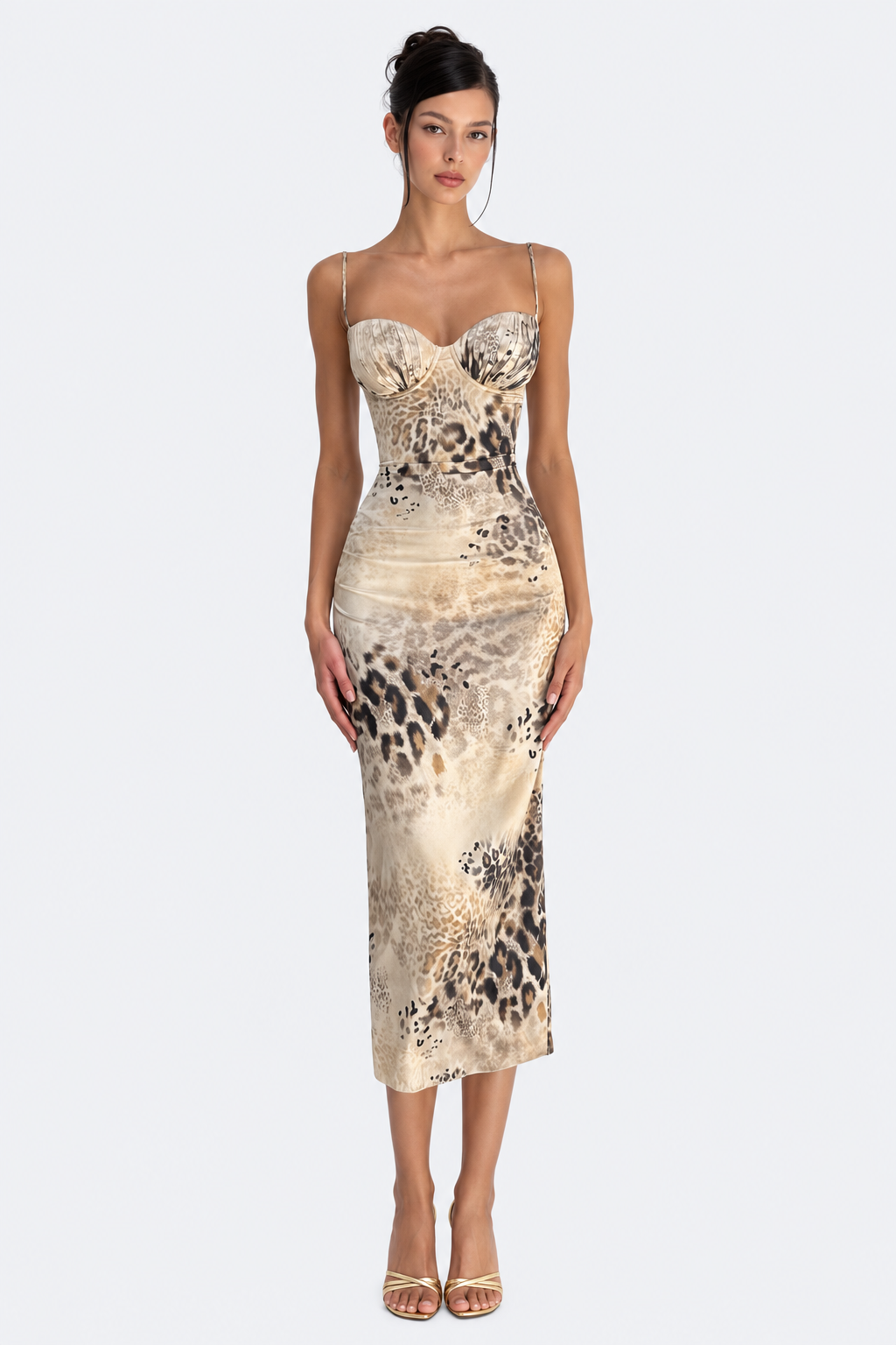 Animal-print corset midi dress — front view
