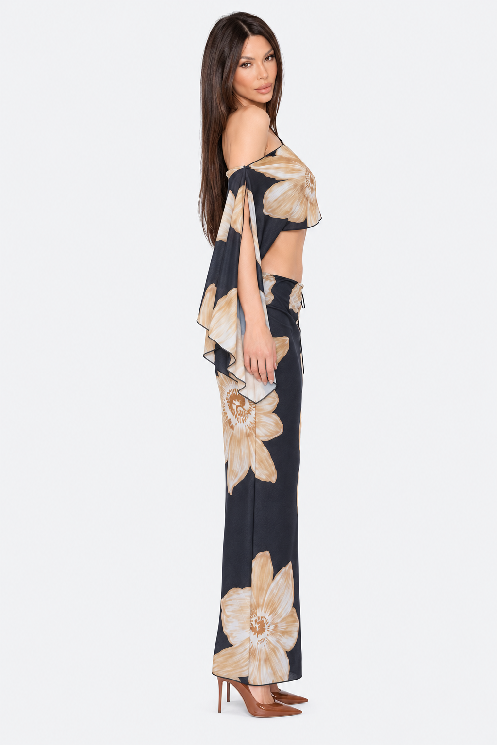 Black and beige floral skirt set with long column skirt, side view