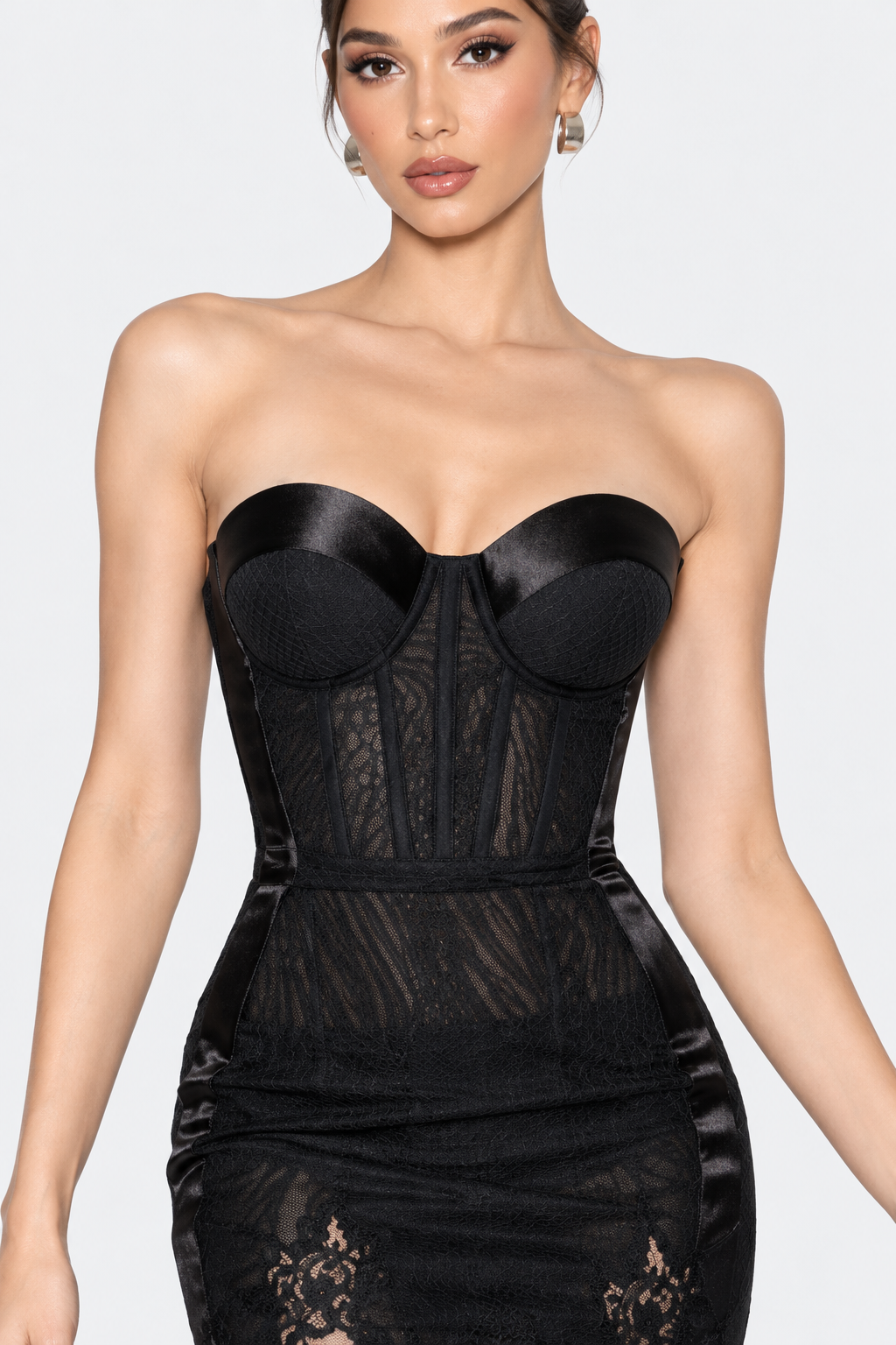 Black Lace Corset Mini Dress — texture detail view