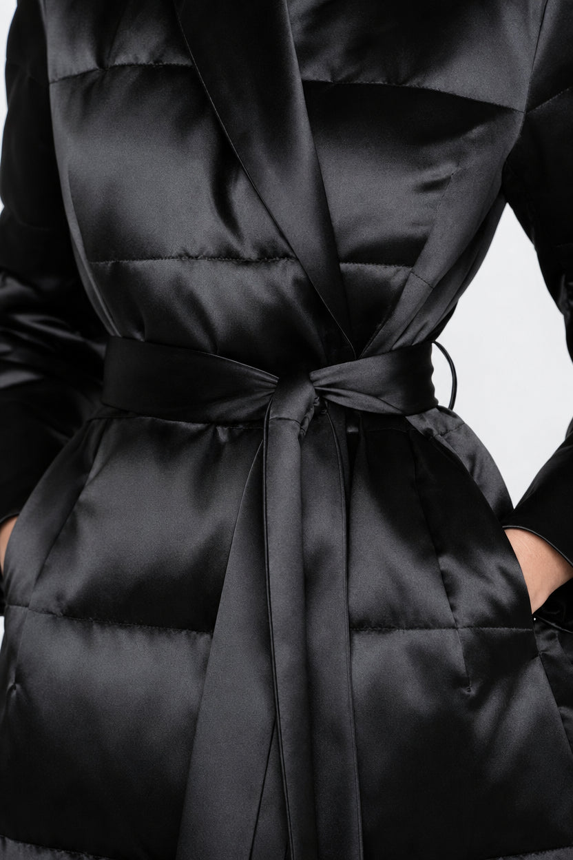 Close-up of a black puffer coat with a satin-like finish, featuring horizontal quilted baffles, a matching waist tie belt, and side pockets.