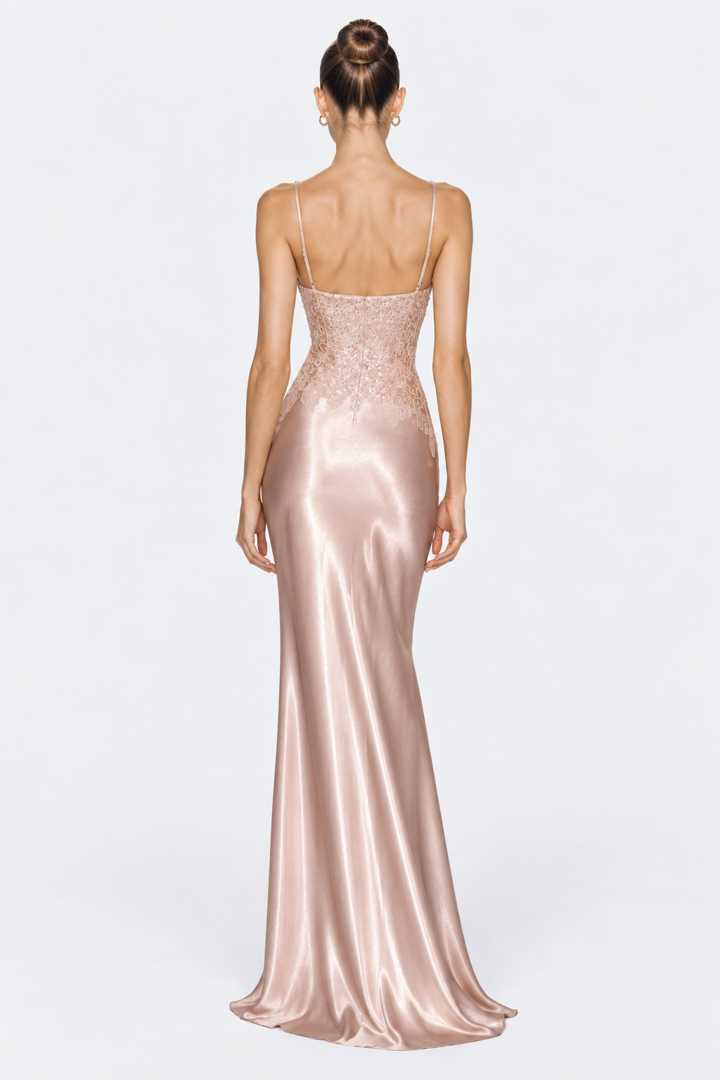 Back view of the blush pink maxi dress, showing adjustable slender straps, lace bodice and centre-back closure.