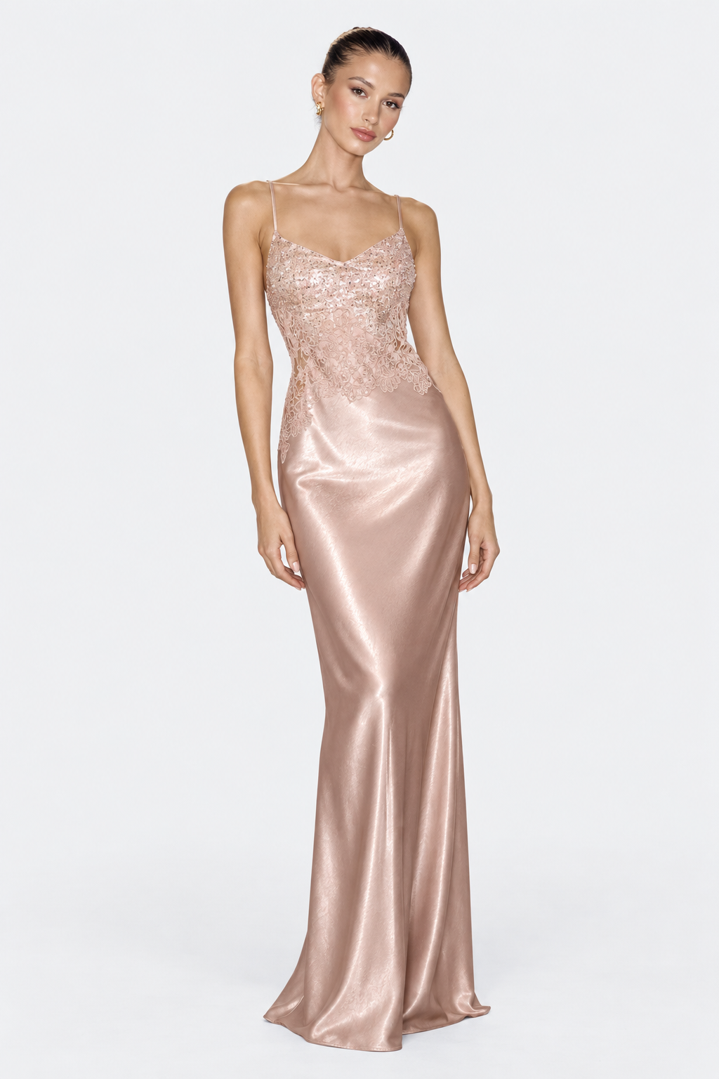 Blush pink lace and sequin maxi dress, full-length front view with slender straps and a satin-finish skirt.