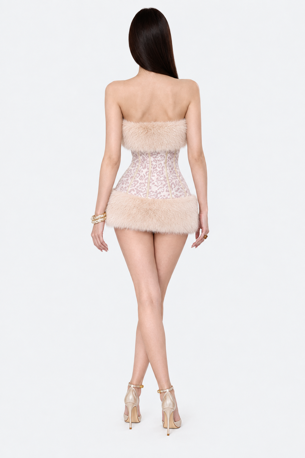Blush leopard-print strapless mini dress — back full-length view