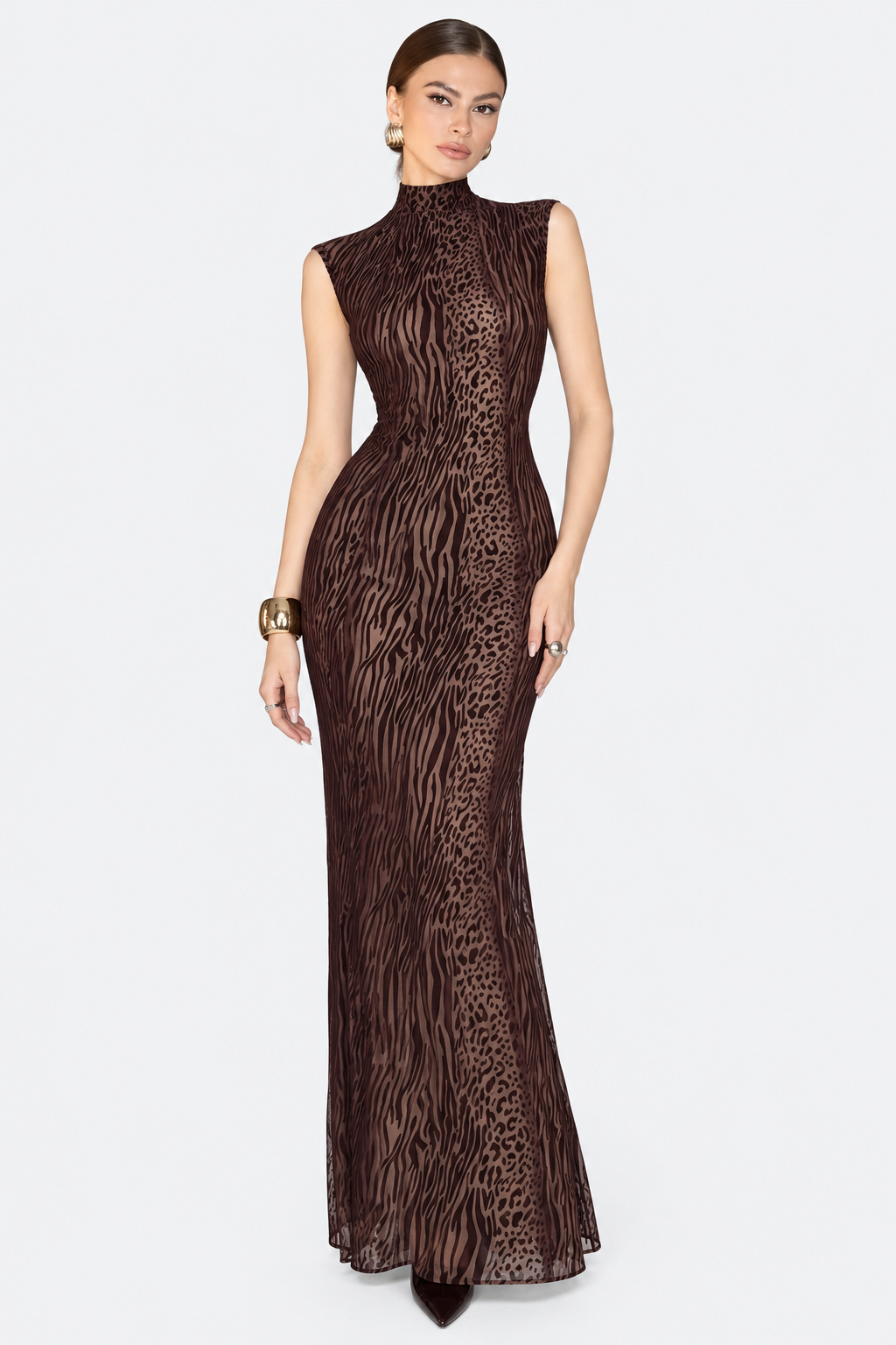 Full front view of the brown animal-print maxi dress, showing the high neckline and fitted silhouette.
