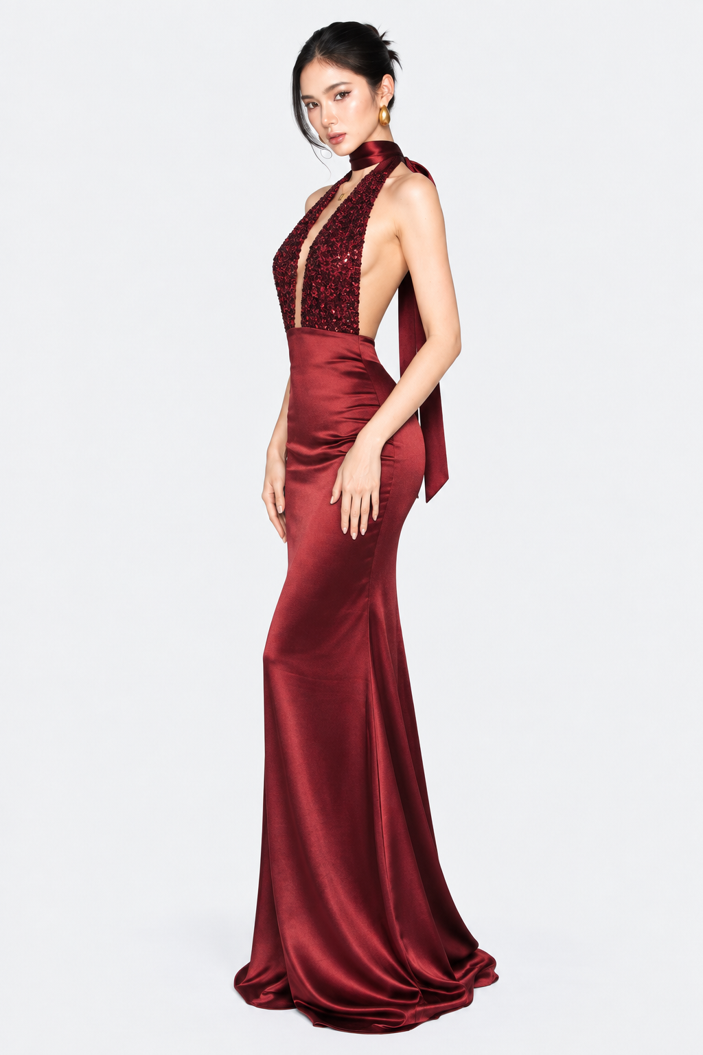 Burgundy satin and sequin halter maxi dress, side view