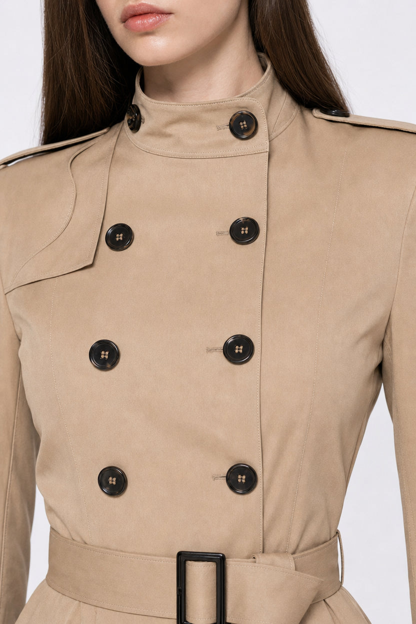 A close-up of a model wearing a beige double-breasted trench coat with black buttons and a matching belt.