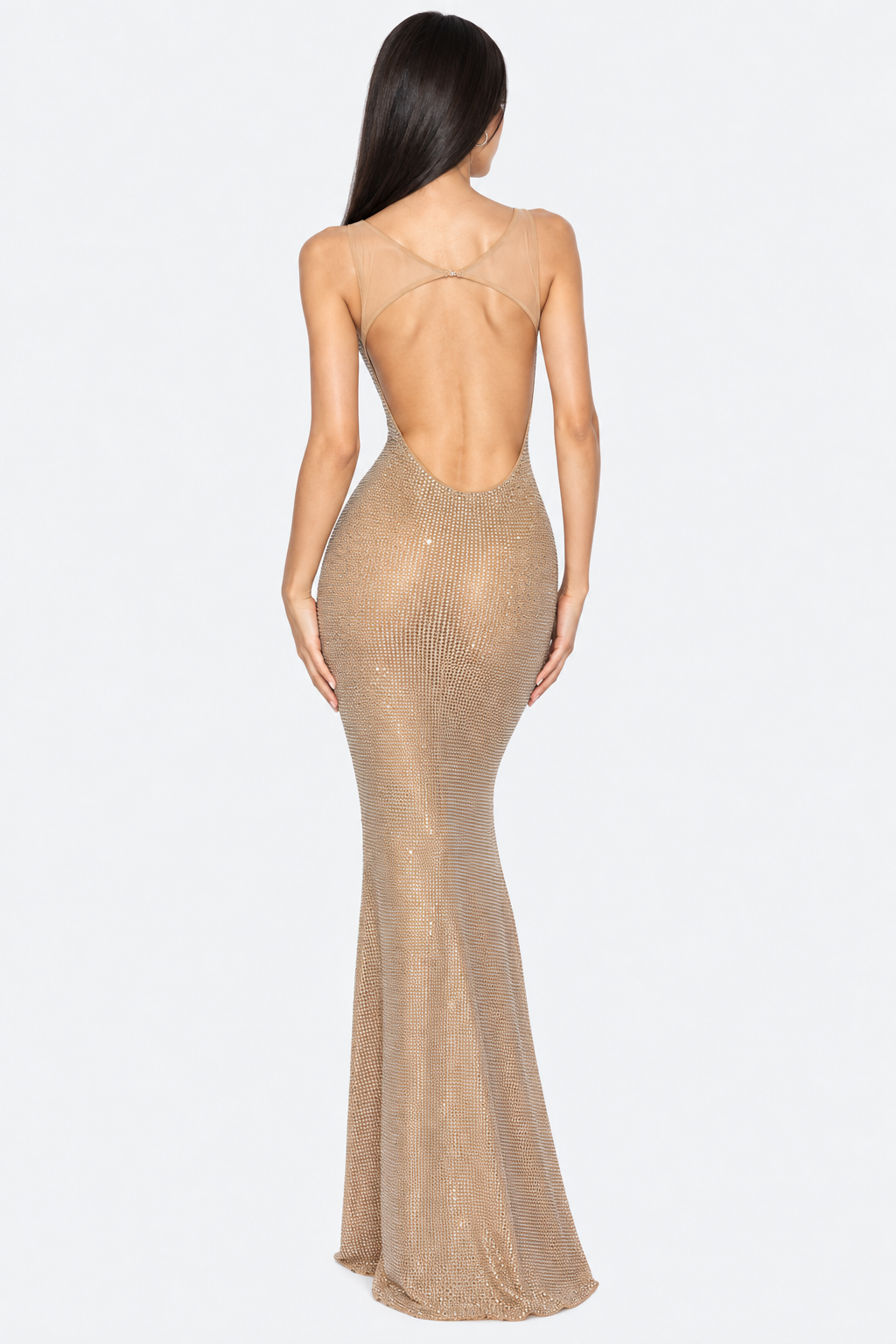 Champagne embellished open-back gown, back view showing the open back and sheer shoulder straps.