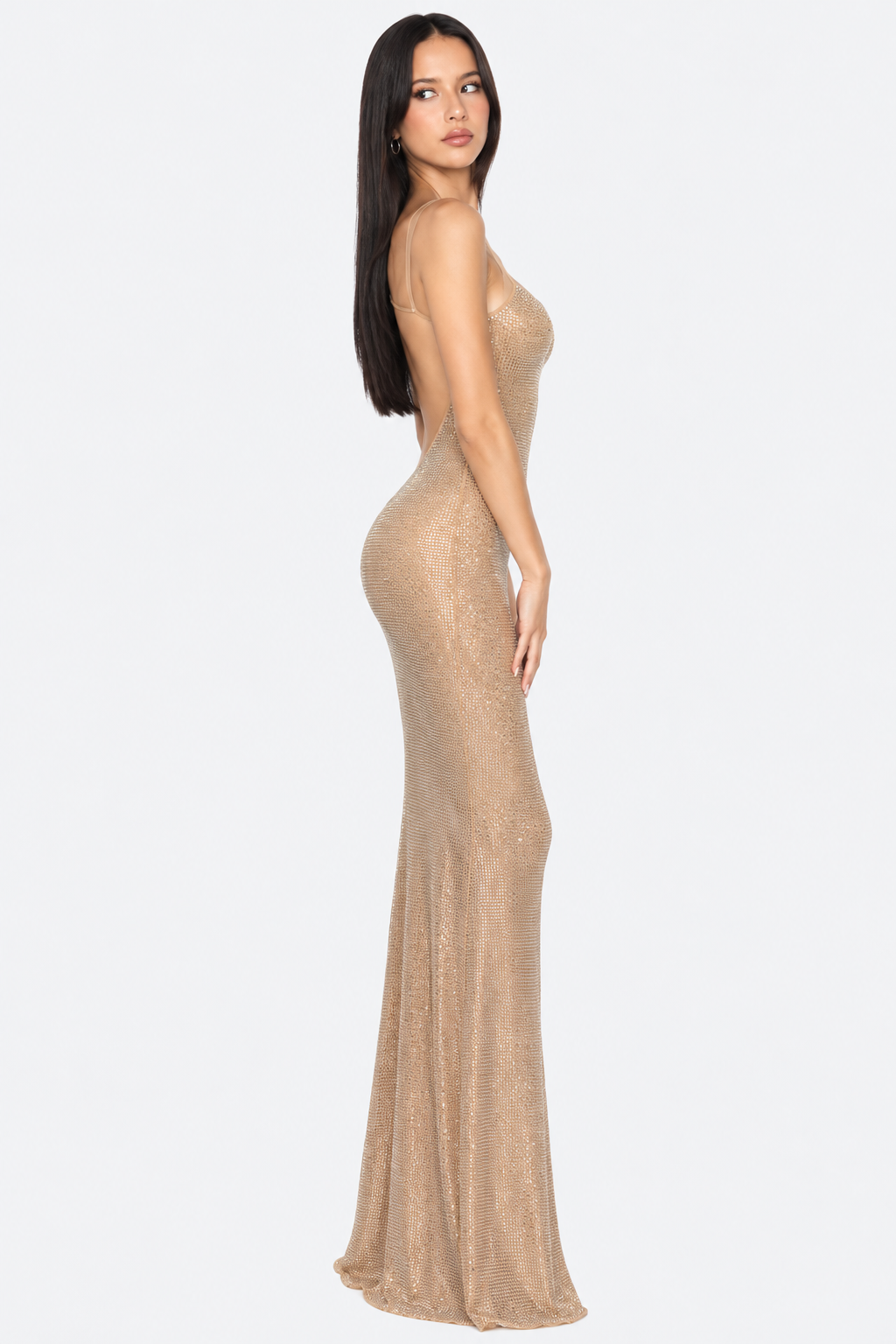 Champagne embellished open-back gown, side view showing the fitted silhouette and long hem.