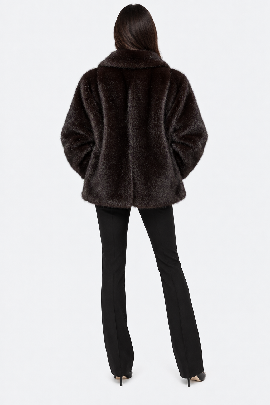 Dark brown plush-textured coat — back view
