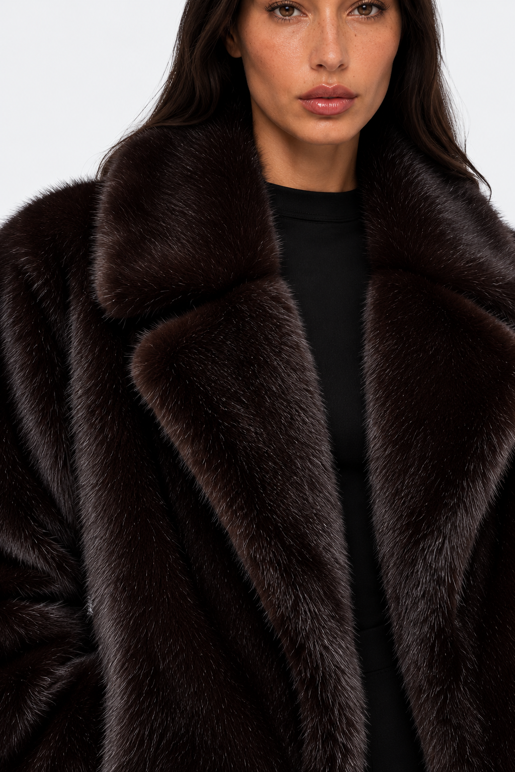 Dark brown plush-textured coat — collar detail view