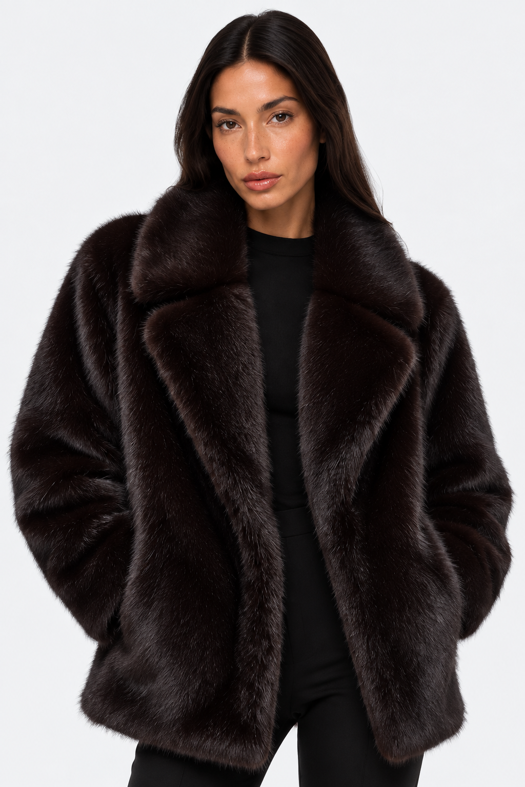 Dark brown plush-textured coat — front detail view