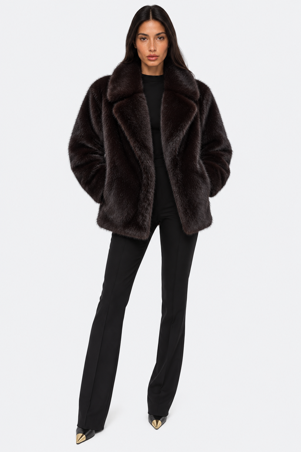 Dark brown plush-textured coat — front view