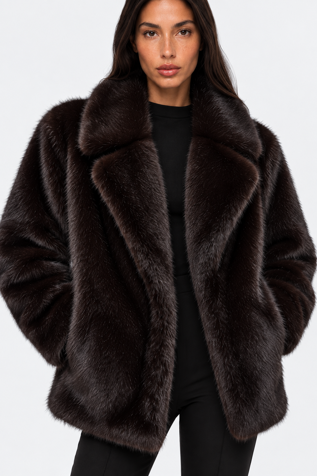 Dark brown plush-textured coat — lapel detail view