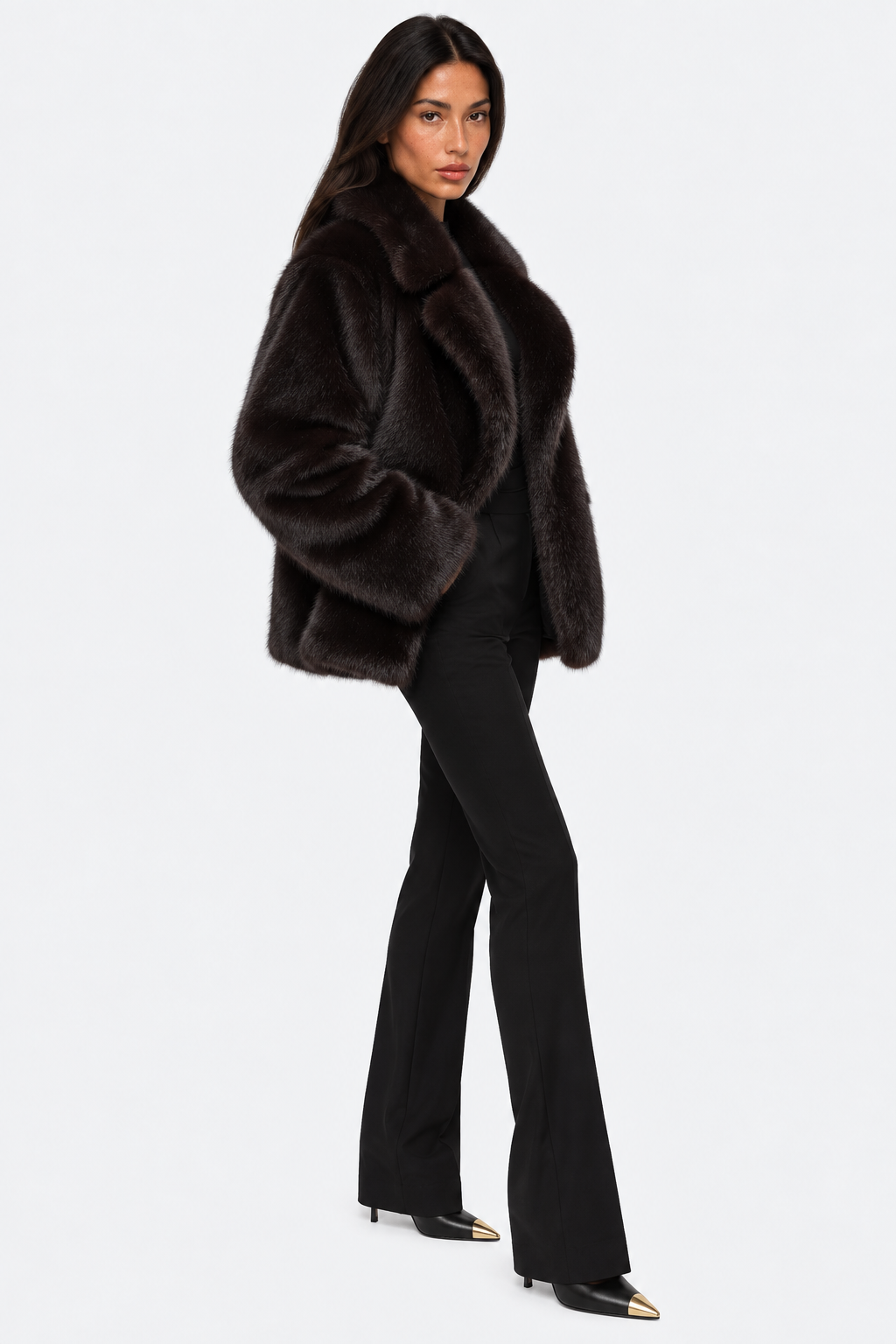 Dark brown plush-textured coat — three quarter view