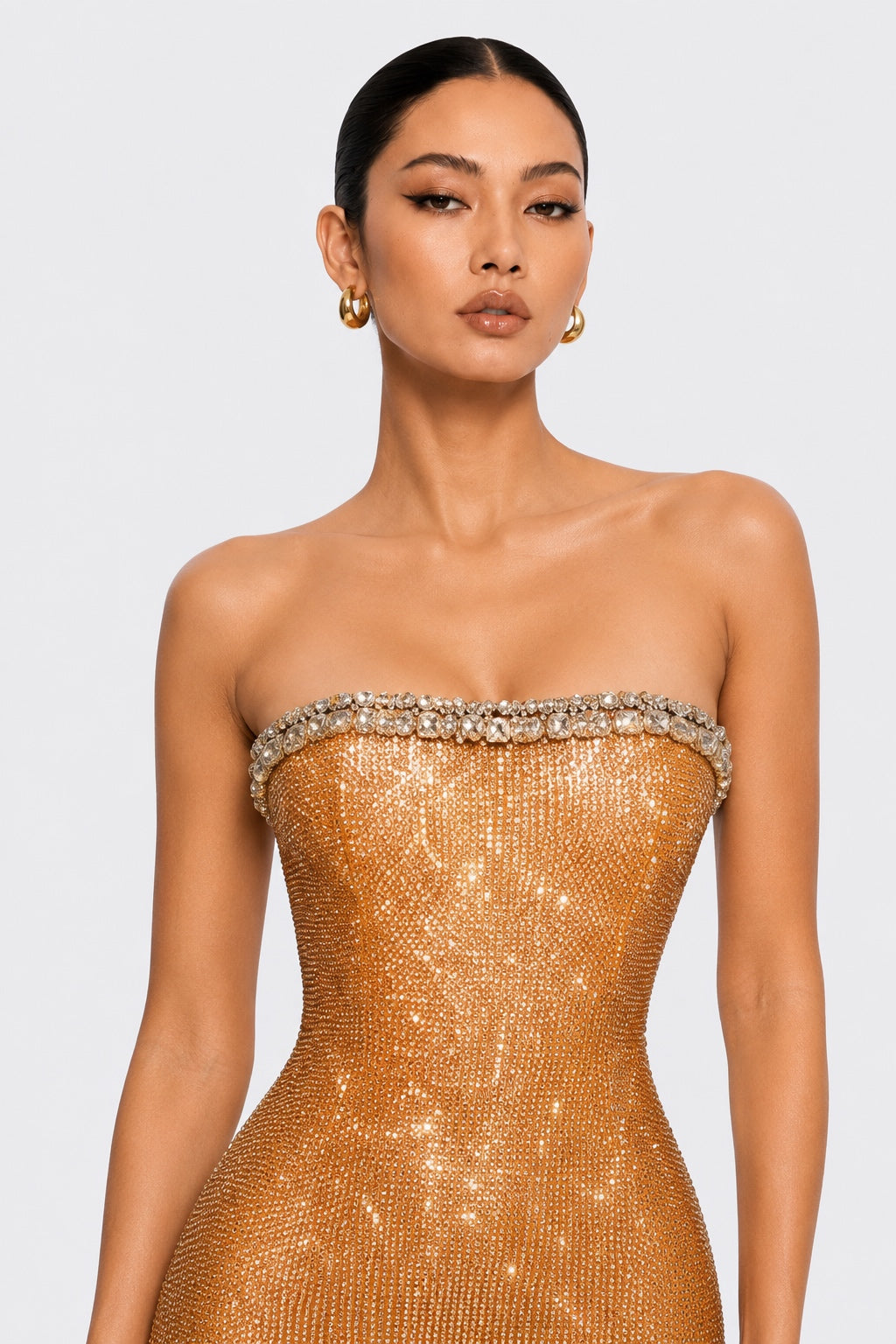 Gold Crystal Strapless Maxi Dress