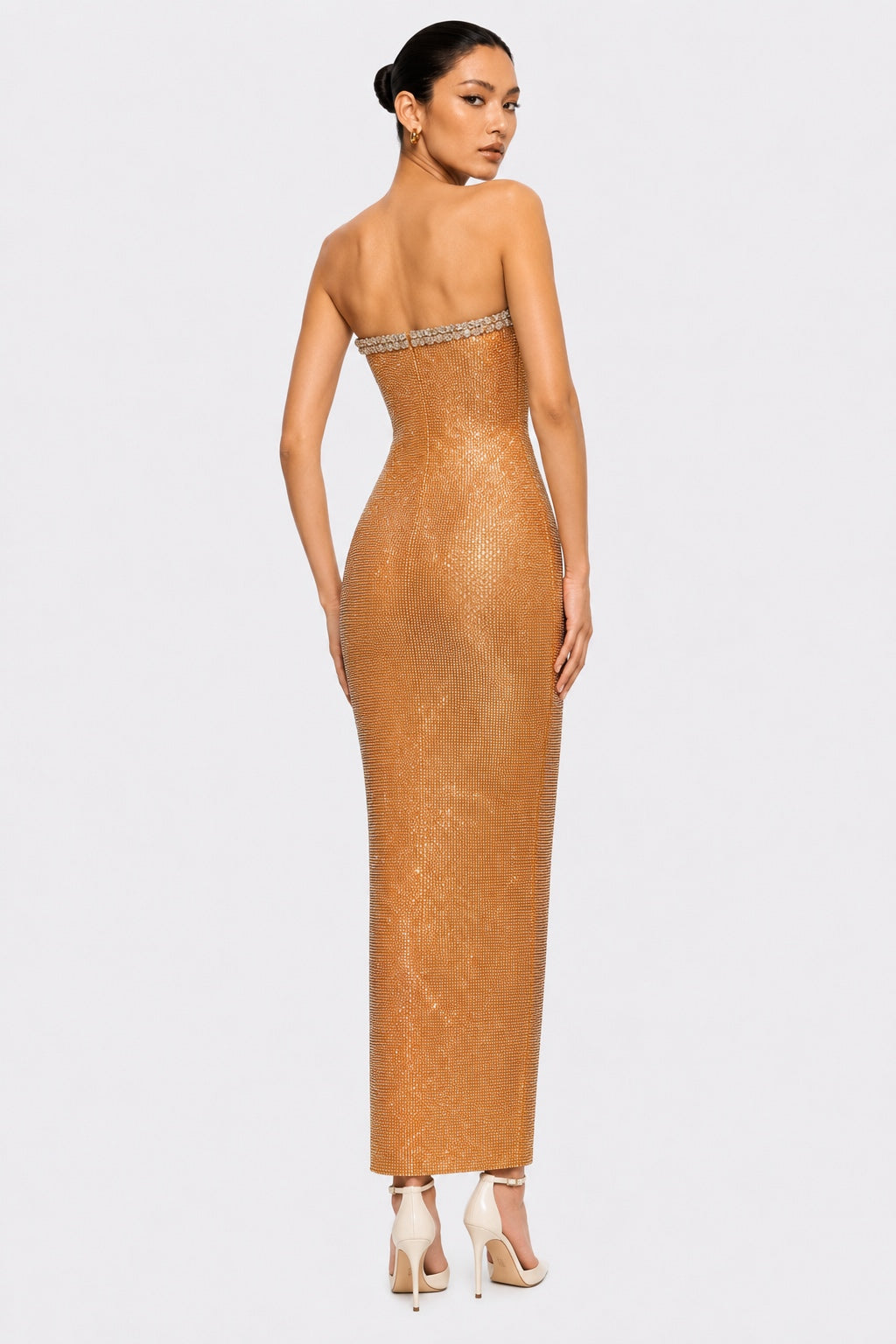 Gold Crystal Strapless Maxi Dress