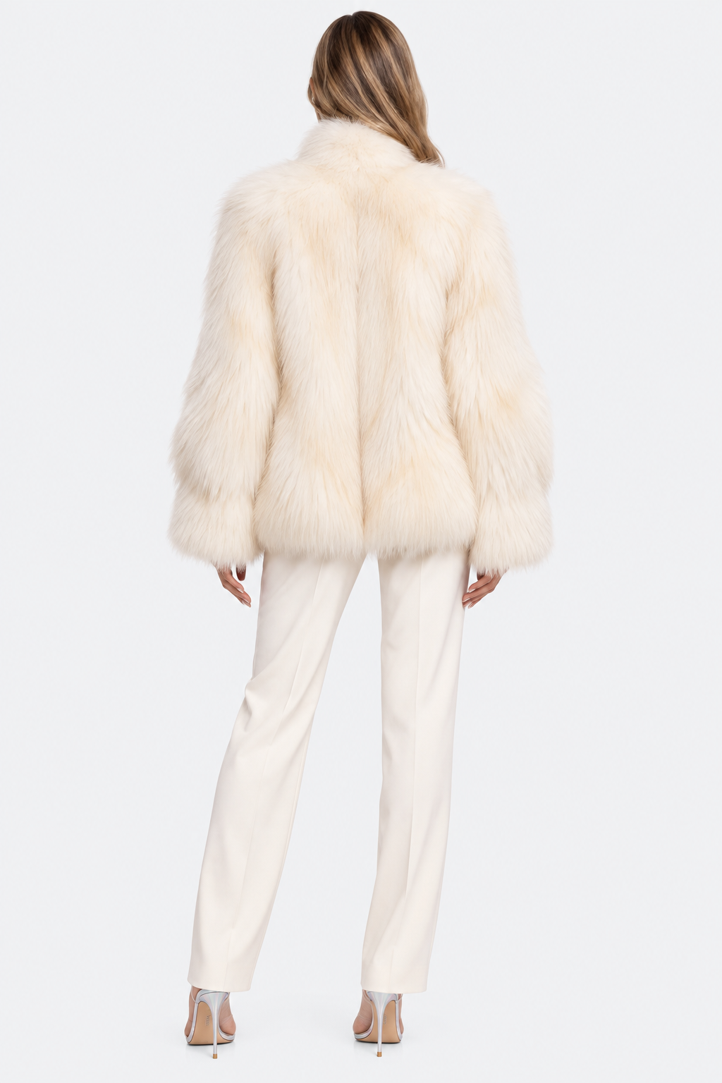 Ivory cropped fluffy coat, conceptual full-body back view