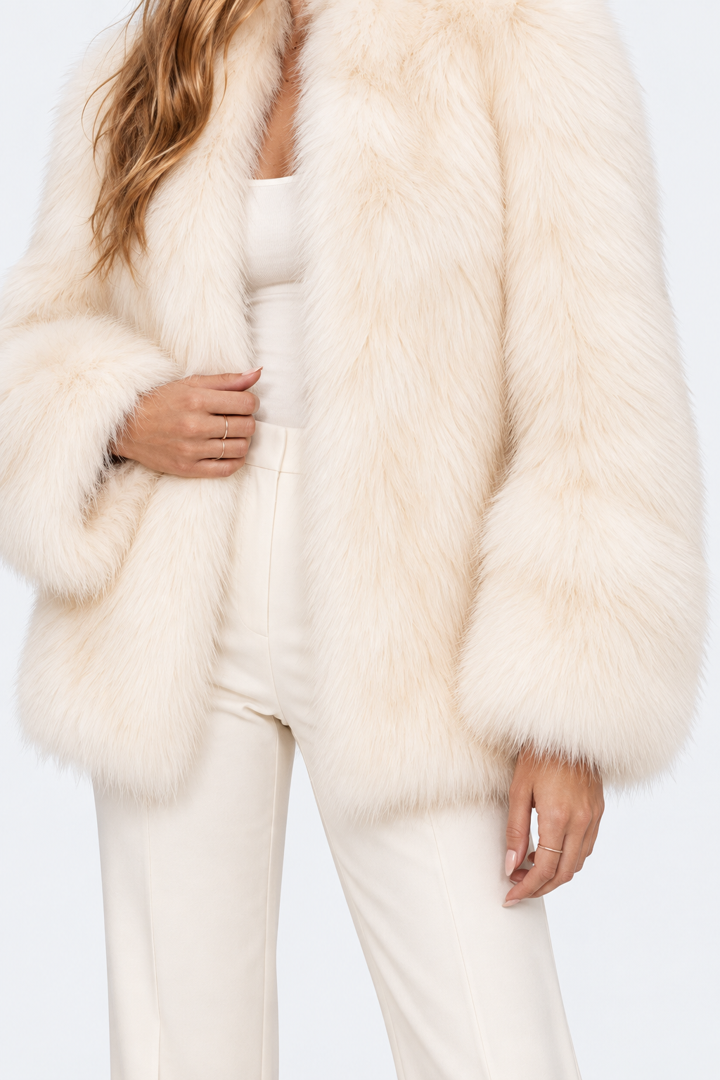 Ivory cropped fluffy coat, on-model cuff and hem texture detail
