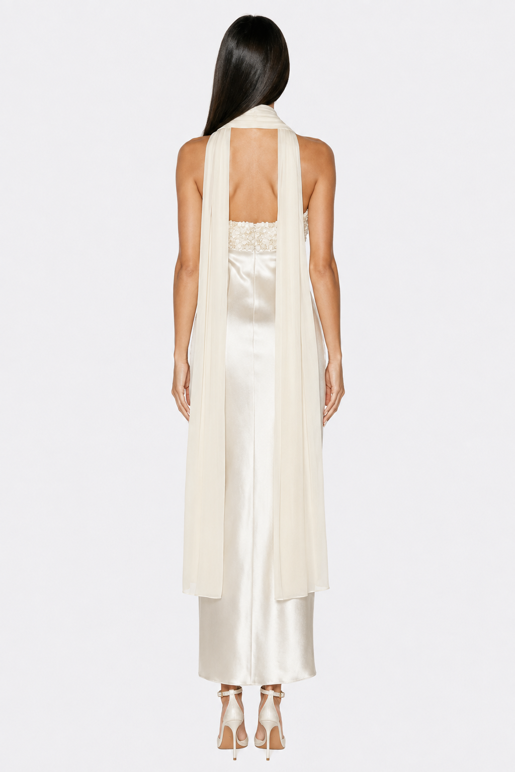 Ivory strapless floral-embellished dress — back view with scarf styling