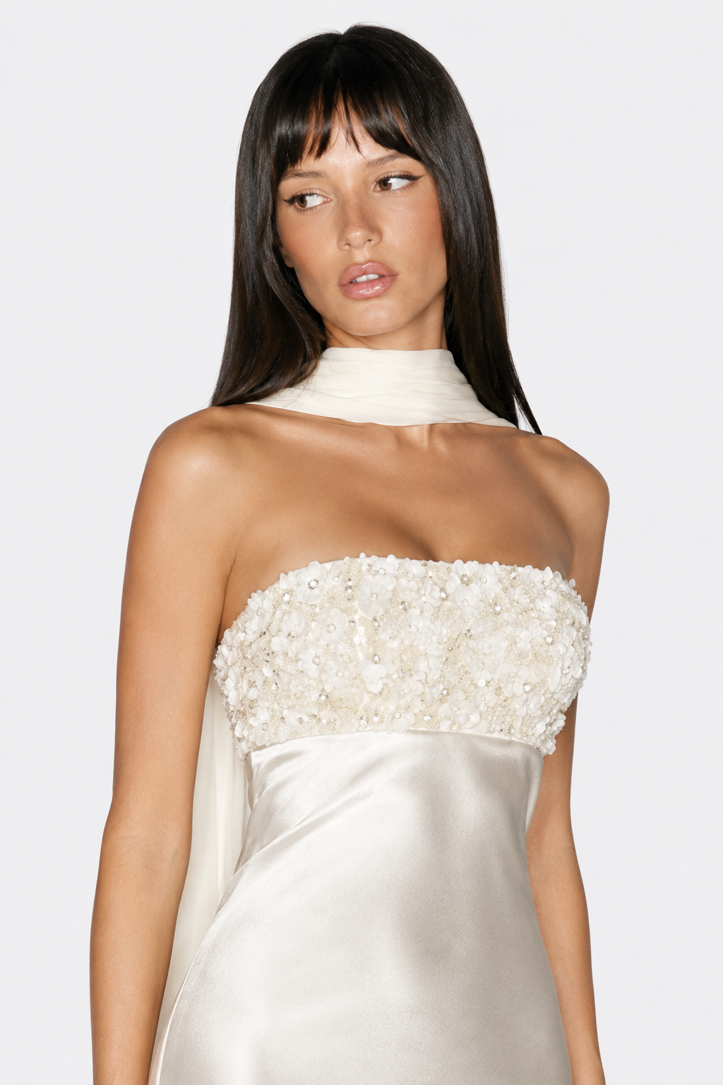 Ivory strapless dress — floral bodice and satin-finish skirt detail