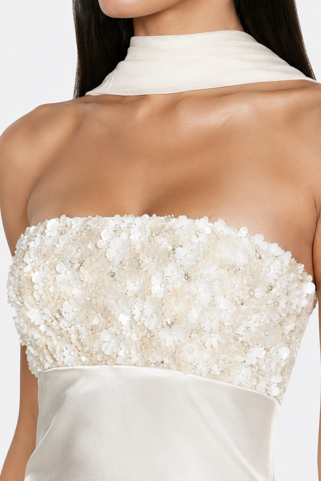 Ivory strapless dress — dimensional floral embellishment close-up