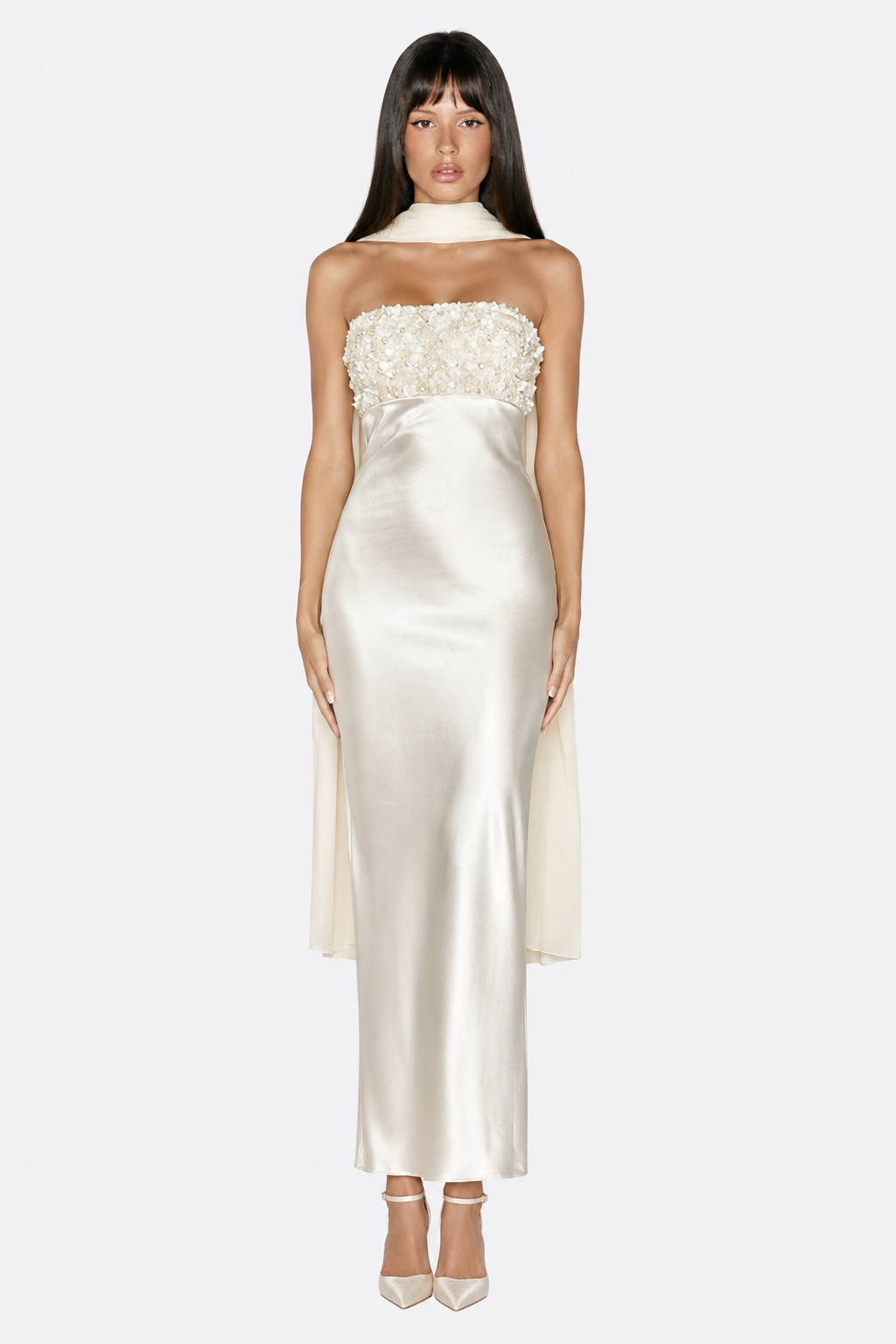 Ivory strapless floral-embellished dress — front full-length view