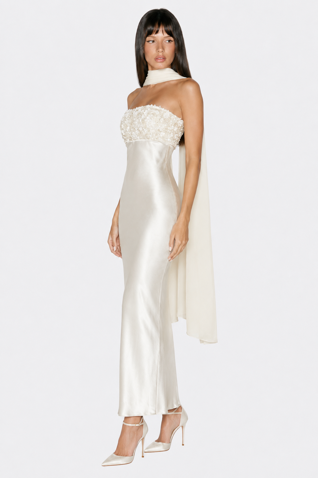 Ivory strapless floral-embellished dress — three-quarter full-length view