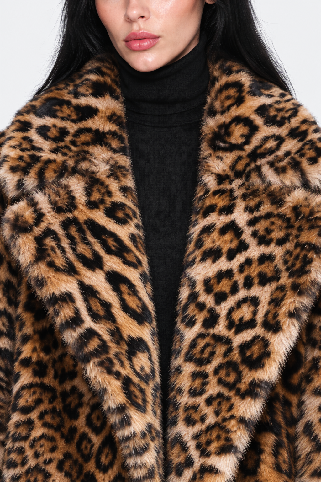 Leopard Print Fur Coat — collar detail view