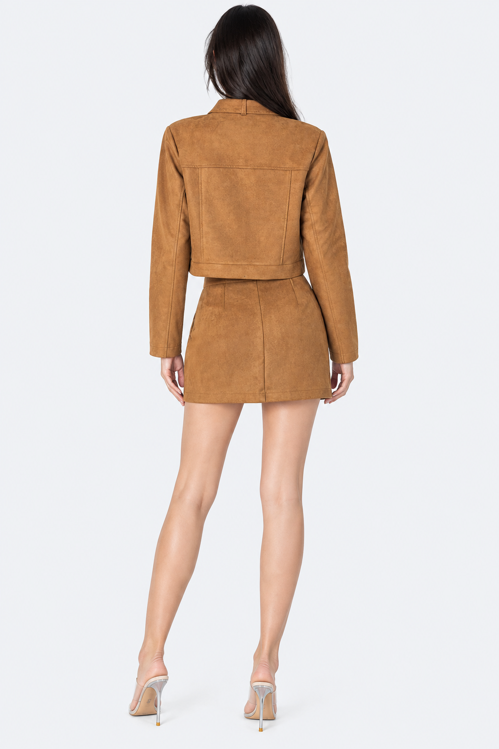 Camel cropped jacket and mini skirt set, back view