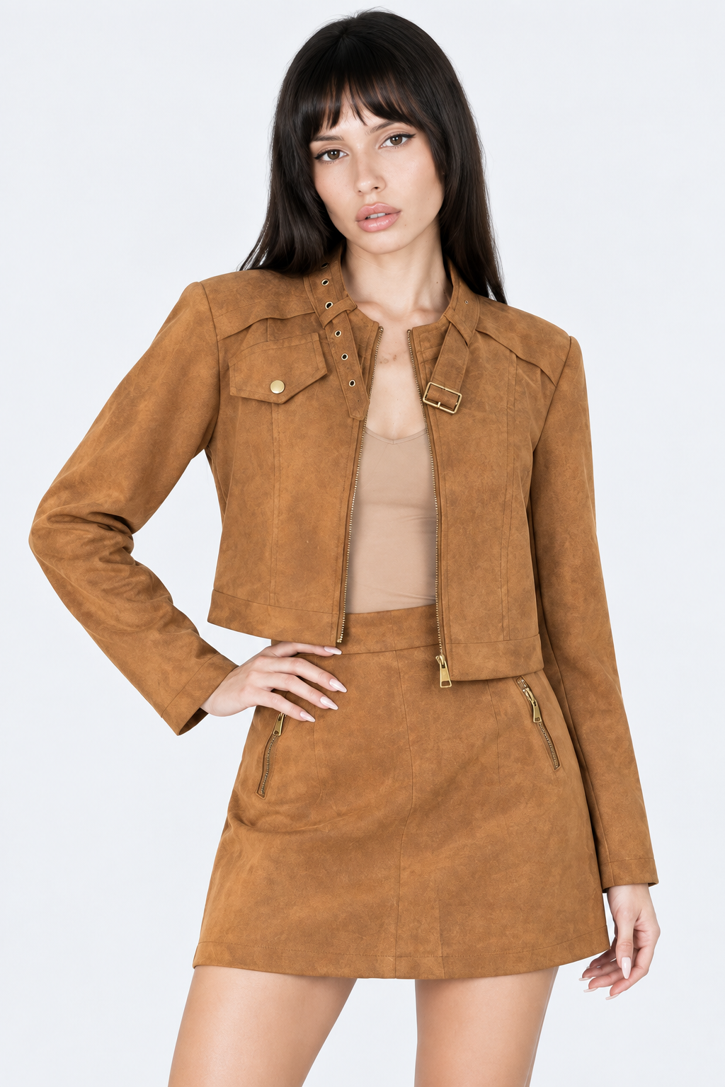 Camel cropped jacket and mini skirt set, portrait view
