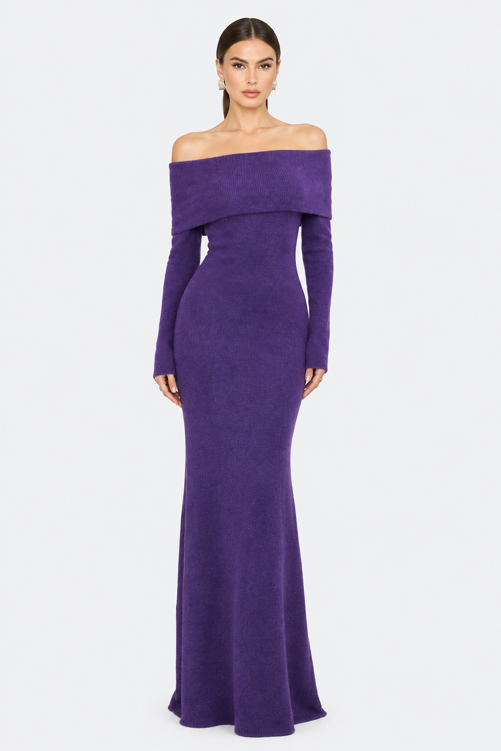Purple Off-Shoulder Knit Maxi Dress — front view