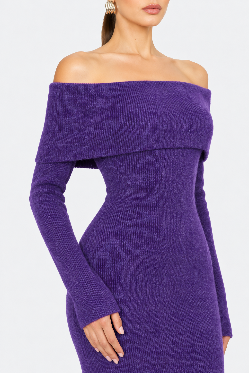 Purple Off-Shoulder Knit Maxi Dress — knit detail view