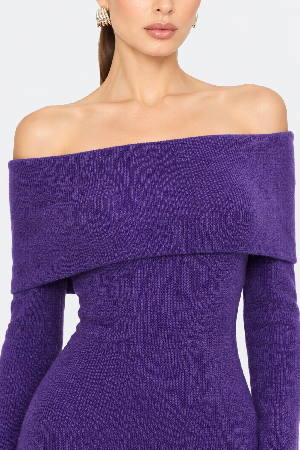 Purple Off-Shoulder Knit Maxi Dress — neckline detail view