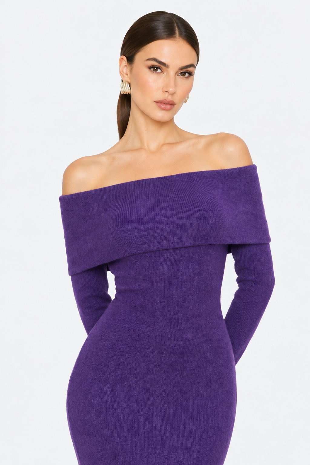Purple Off-Shoulder Knit Maxi Dress — portrait view