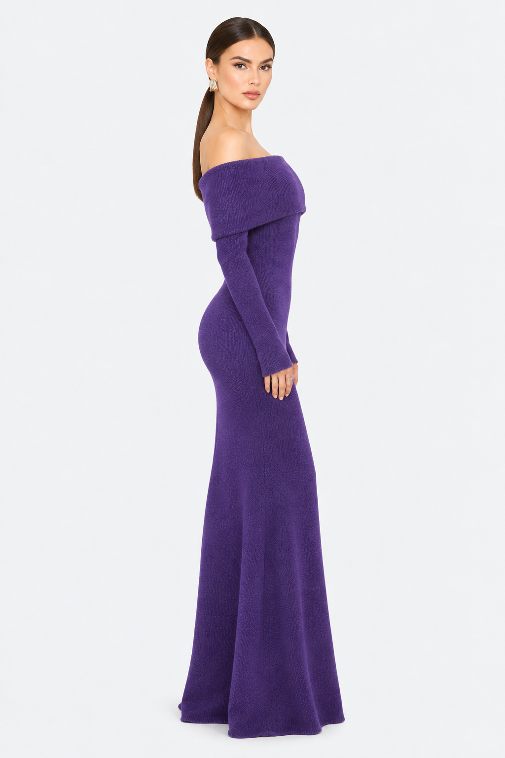 Purple Off-Shoulder Knit Maxi Dress — side view