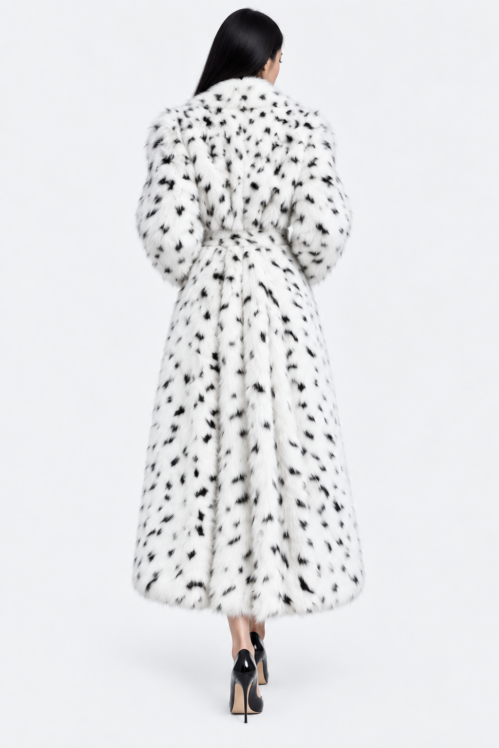 Spotted Faux Fur Long Coat — back view