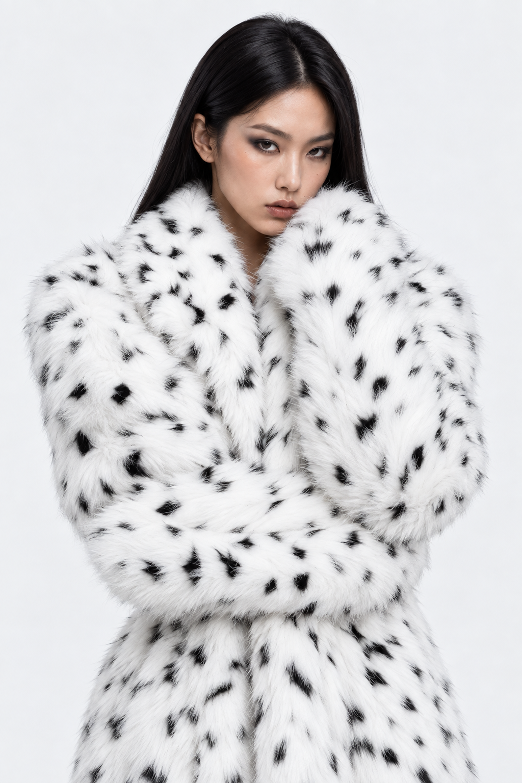Spotted Faux Fur Long Coat — collar and belt view