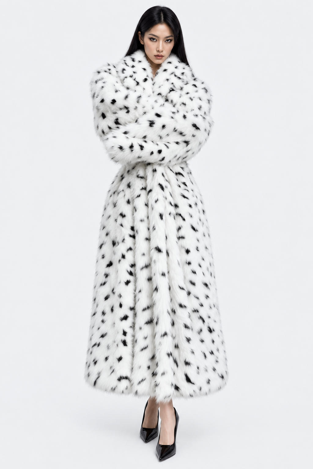 Spotted Faux Fur Long Coat — front view