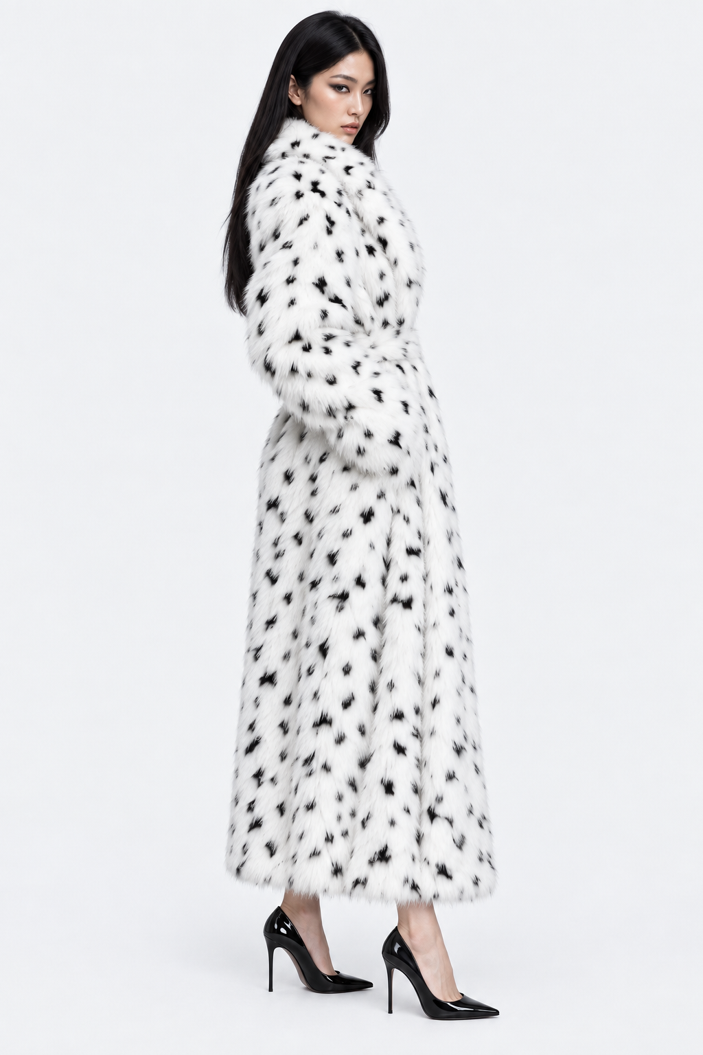 Spotted Faux Fur Long Coat — side view