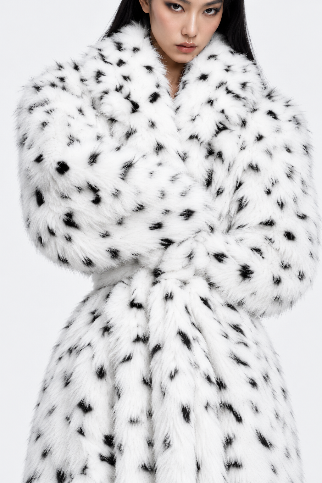 Spotted Faux Fur Long Coat — waist detail view