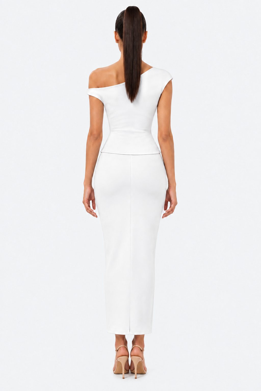 White floral top and skirt set with an asymmetric neckline, back view