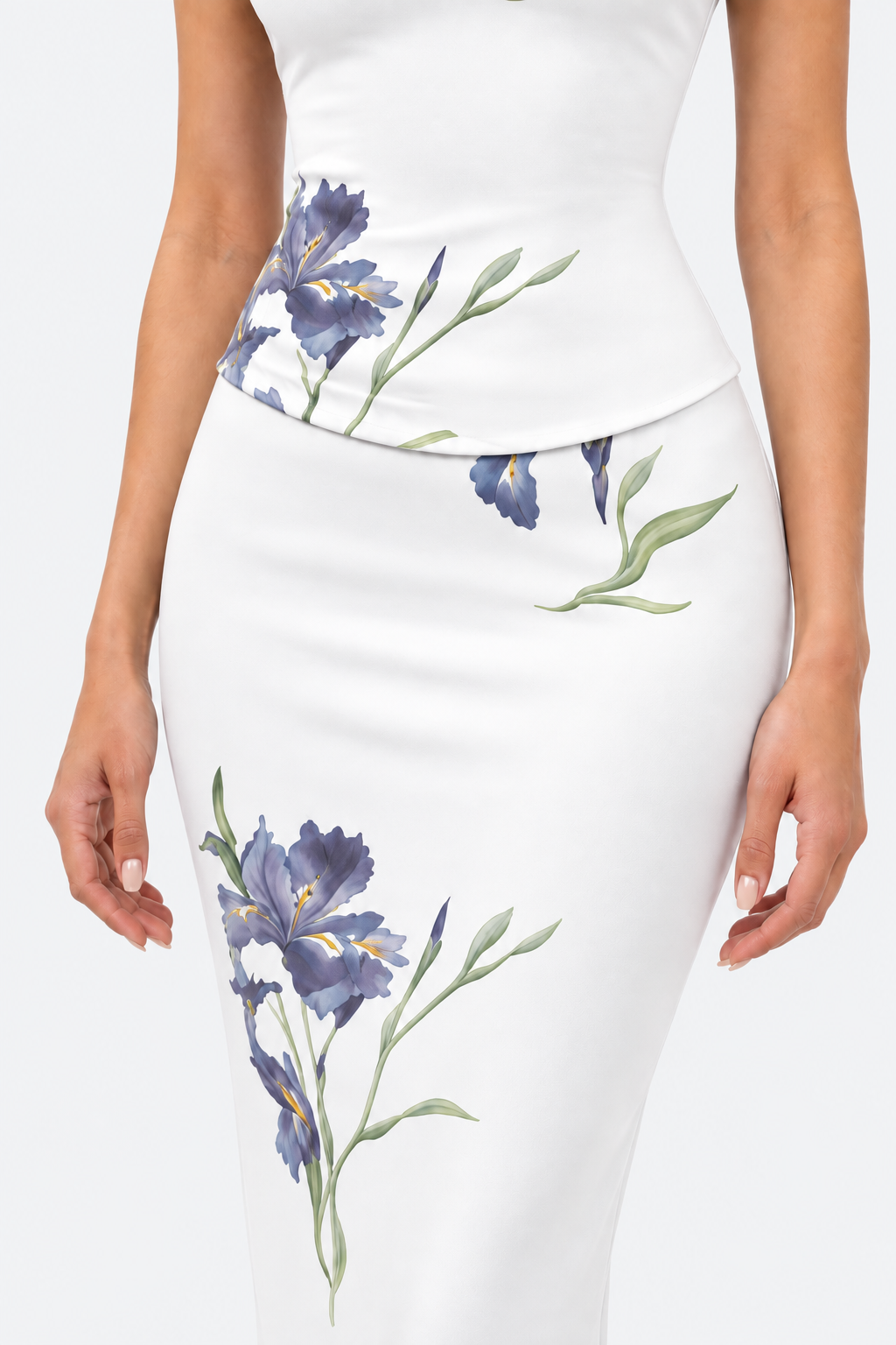 Curved waistline and blue iris print, detail view