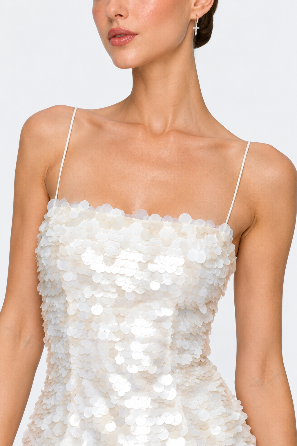 White Sequin Open-Back Mini Dress — bodice detail view