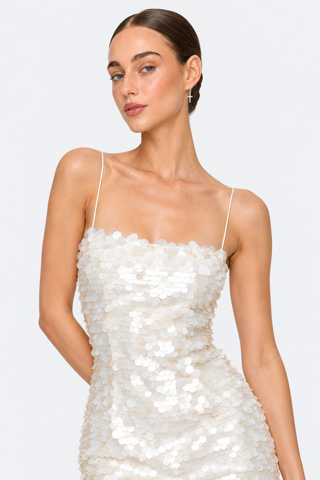White Sequin Open-Back Mini Dress — portrait view