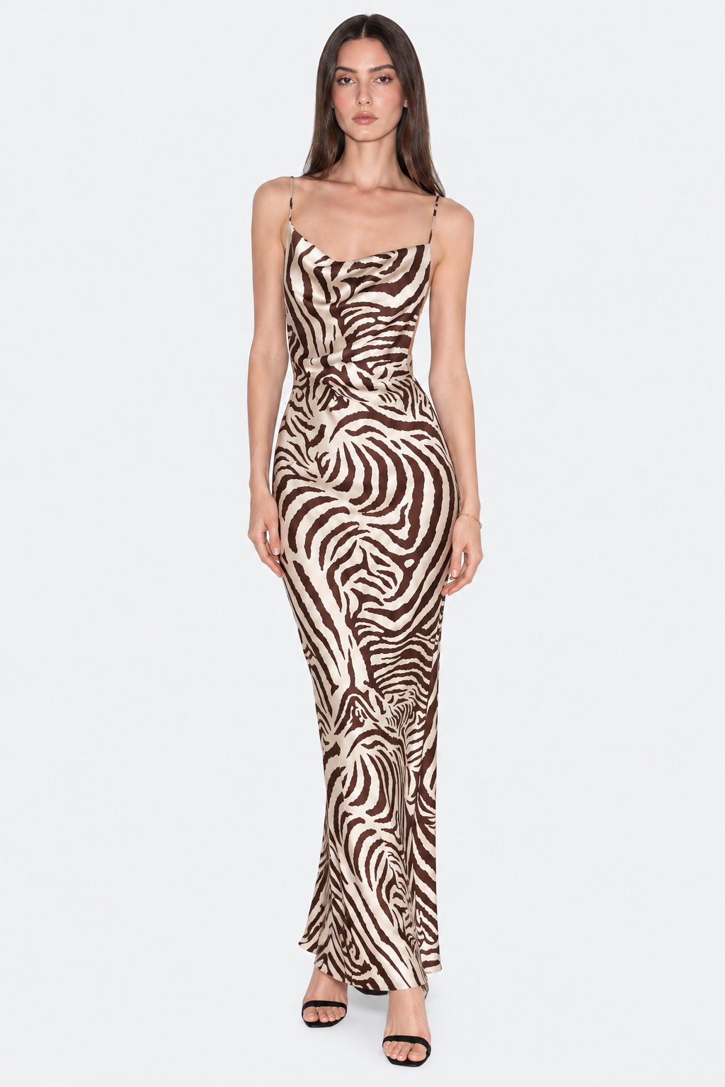 Zebra-print satin maxi dress in ivory and chocolate, front view